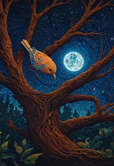 A newborn bird, abnormally fat, falls from its ((nest)) located in a tree. The chick plummeting through the air in a forest under a starry sky. The scene is depicted with intricate zentangle details, resembling origami. The artwork evokes a cinematic, emot...