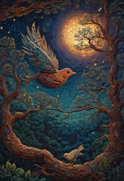 A newborn bird, abnormally fat, falls from its nest located in a tree. The chick plummeting through the air in a forest under a starry sky. The scene is depicted with intricate zentangle details, resembling origami. The artwork evokes a cinematic, emotiona...