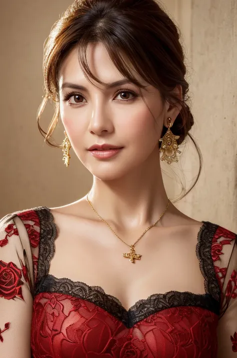 (Highly detailed CG unit 8k wallpaper, masterpiece, highest quality, super detailed), (best lighting, best shadow), 45-year-old Spanish woman, mature, square face, Wearing a single red rose around the neck of a necklace, Wearing red and black lace dress, g...