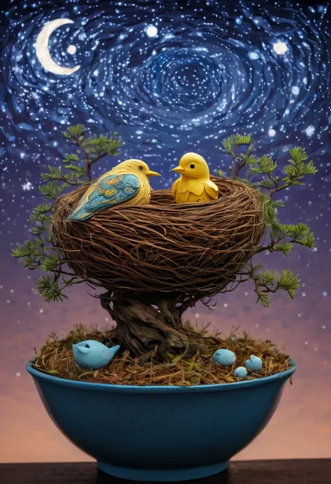 a newborn bird, the bird is abnormally fat and the nest is located in a bonsai, the nest breaks due to the weight of the chick and the chick falls, in a pot, surreal, funny, comic, starry sky, zentangle, origami, cinematic, emotional, epic, vincent van gog...