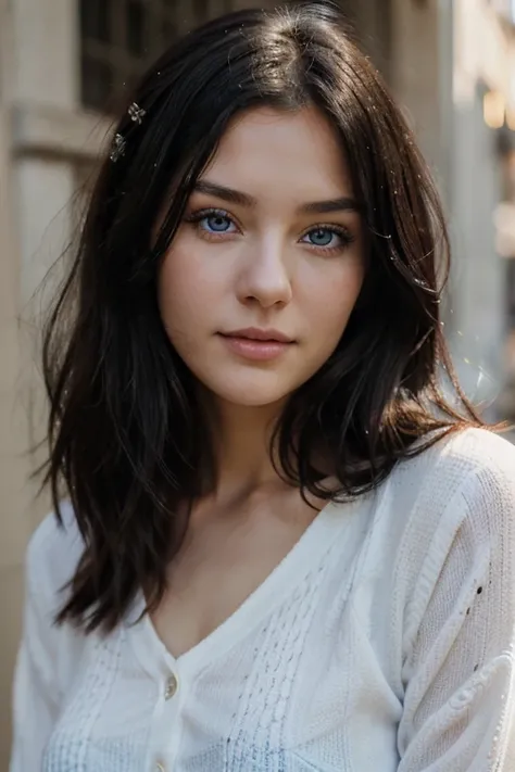 A portrait of a very beautiful, innocent, girl 26-year-old girl, black hairs, blue eyes, looking directly at the camera