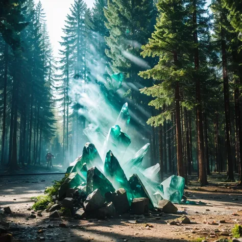 Crystal jade,explosion,Self-detonation,crystal fragments scatter,trees,