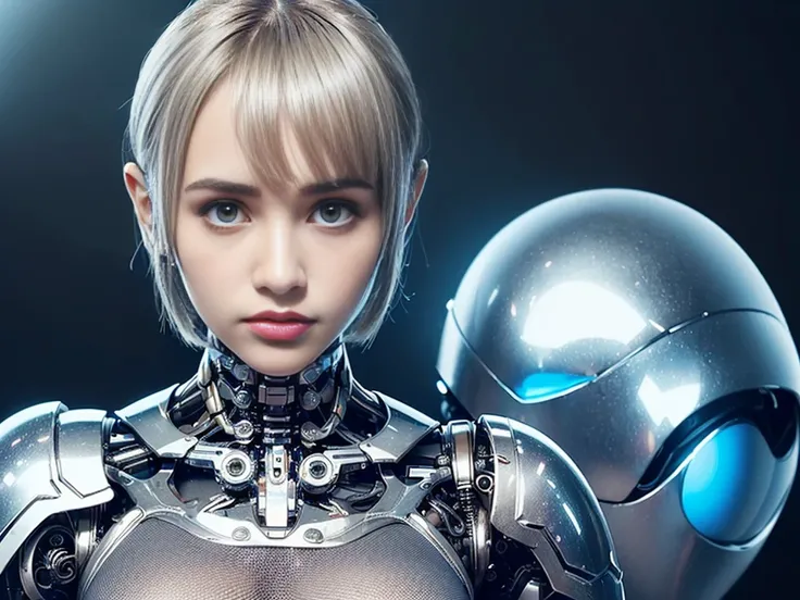 (The cyborg:1.1), (femboy:1.7),  (Suki Waterhouse:1.2). (face portrait:1.5). Lexx , Mass Effect , Galaxina, Terminator, Metropolis. (masculine body:1.6). (She is entirely made from plastic and aluminum). (simple mechanical engineering:1.5). (neatly drawing...