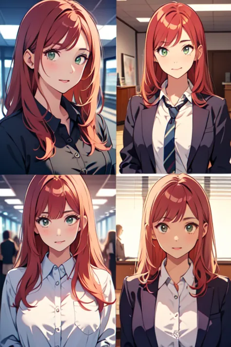 ((best quality)), ((masterpiece)), (detailed), perfect face, woman wearing office clothes, red hair, long hair, green eyes,