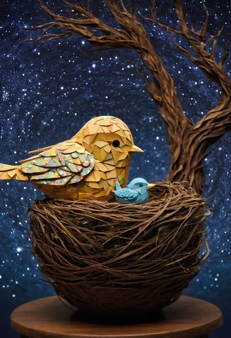 a newborn bird, the bird is abnormally fat and the nest is located in a bonsai, the nest breaks due to the weight of the chick and the chick falls, in a pot, surreal, funny, comic, starry sky, zentangle, origami, cinematic, emotional, epic, vincent van gog...