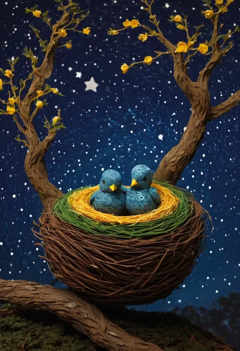 a newborn bird, the bird is abnormally fat and the nest is located in a bonsai, the nest breaks due to the weight of the chick and the chick falls, in a pot, surreal, funny, comic, starry sky, zentangle, origami, cinematic, emotional, epic, vincent van gog...