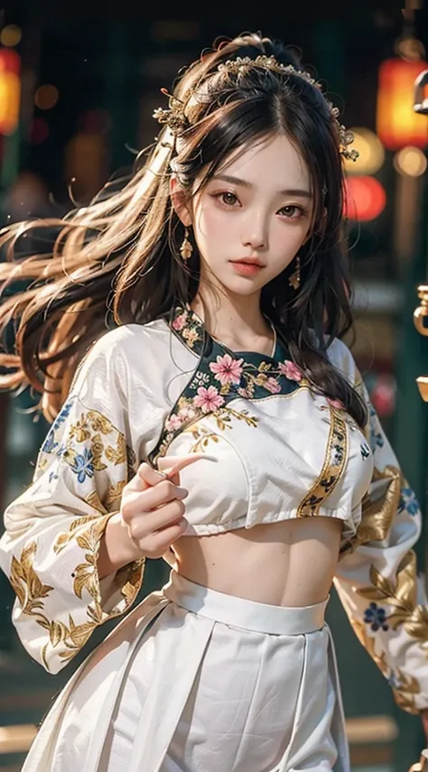 good quality, masterpiece, high resolution, (Exquisite figure: 1.5), Oversized breasts (1.5) stunning beauty, (milky white skin: 1.3),背景是flower海，很多flower，Exquisite details, high resolution, wallpaper, 1 female, alone, skirt, Hair Accessories, (((金紫色skirt))...