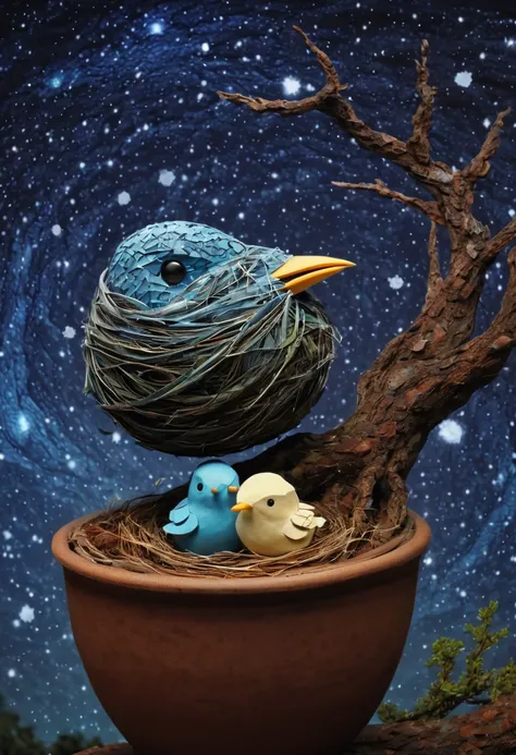 a newborn bird, the bird is abnormally fat and the nest is located in a bonsai, the nest breaks due to the weight of the chick and the chick falls, in a pot, surreal, funny, comic, starry sky, zentangle, origami, cinematic, emotional, epic, vincent van gog...