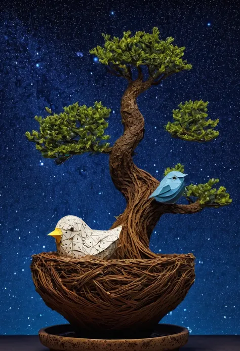 a newborn bird, the bird is abnormally fat and the nest is located in a bonsai, the nest breaks due to the weight of the chick and the chick falls, in a pot, surreal, funny, comic, starry sky, zentangle, origami, cinematic, emotional, epic, vincent van gog...