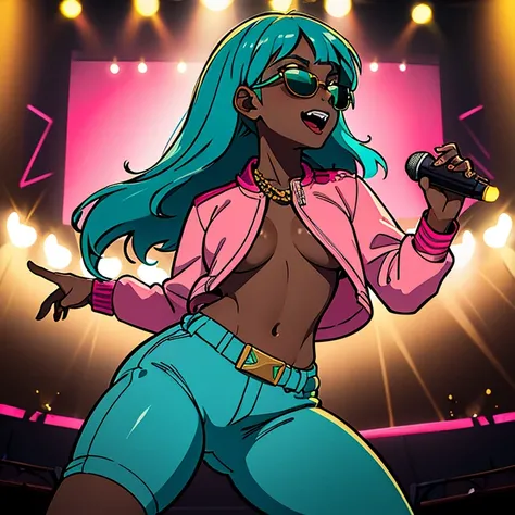 ((masterpiece)), high quality, best quality, beautiful, hd, perfect lighting, detailed face, detailed body, 1 girl, solo, full body view, wide angle, ((dark brown skin:1.3)), ((turquoise hair:1.3)), (pink eyes, small breasts), singing, on stage, microphone...