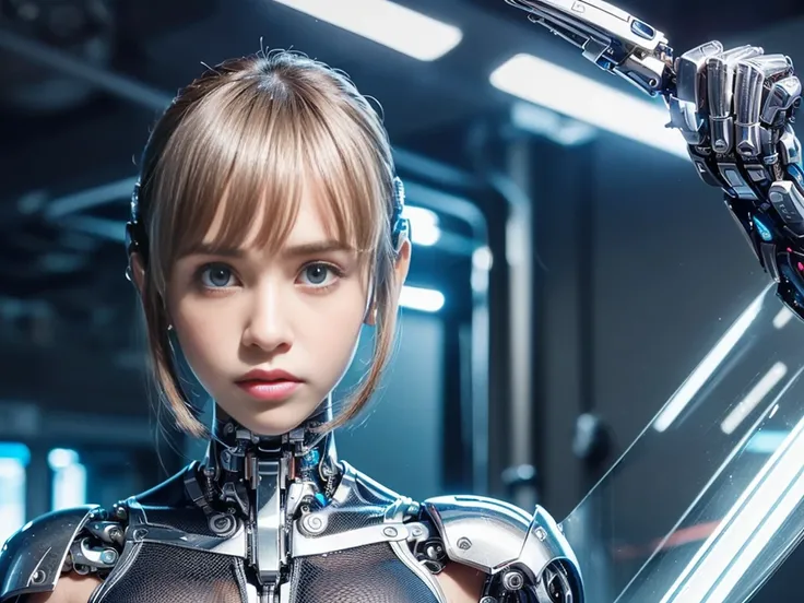 (The cyborg:1.1), (femboy:1.7),  (Suki Waterhouse:1.2), (Kristine Froseth:1.4). (face portrait:1.5). Lexx , Mass Effect , Galaxina, Terminator, Metropolis. (masculine body:1.6). (She is entirely made from plastic and aluminum). (simple mechanical engineeri...