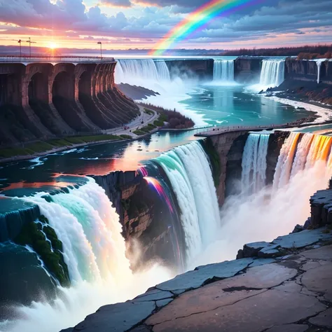 Rainbow reflected in Niagara Falls at sunset, Feel the vast workings of the world and nature.., Stunning views and splashing water, Beautiful energy merging with space -- automatic 