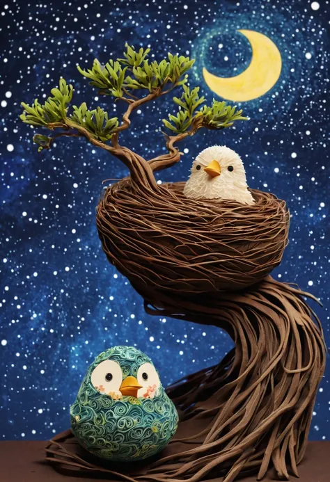 a newborn bird, the bird is abnormally fat and the nest is located in a bonsai, the nest breaks due to the weight of the chick and the chick falls, in a pot, surreal, funny, comic, starry sky, zentangle, origami, cinematic, emotional, epic, vincent van gog...