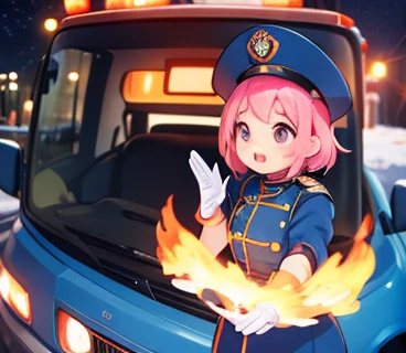 arafed woman in blue and orange uniform saluting for a fire truck, snowy , pink hair , at night , faced the front