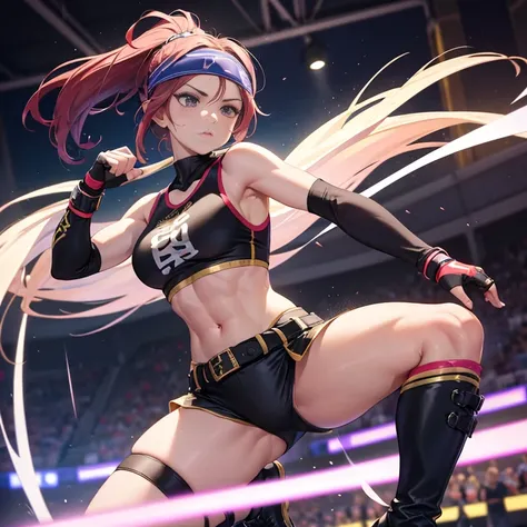 (best quality, hyper detailed, high quality, masterpiece), "Imagine a fierce and confident female martial artist, dressed in a daring outfit that showcases her strength and agility. She sports a cropped top that reveals her toned abs, paired with form-fitt...