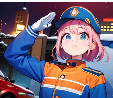  pink hair ,arafed woman in blue and orange uniform saluting for a fire truck, snowy, at night , faced the front,blue cap