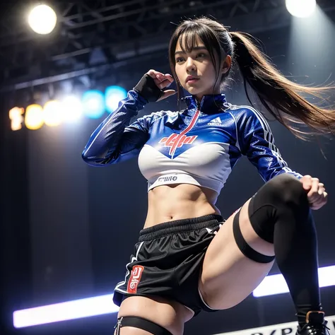 (best quality, hyper detailed, high quality, masterpiece), "Imagine a fierce and confident female martial artist, dressed in a daring outfit that showcases her strength and agility. She sports a cropped top that reveals her toned abs, paired with form-fitt...