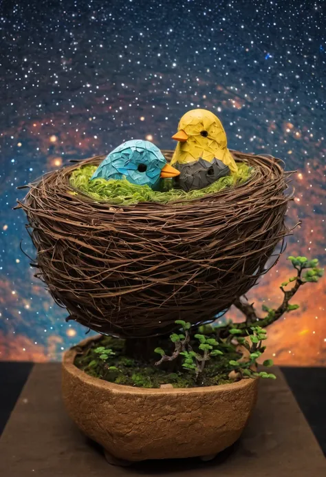 a newborn bird, the bird is abnormally fat and the nest is located in a bonsai, the nest breaks due to the weight of the chick and the chick falls, in a pot, surreal, funny, comic, starry sky, zentangle, origami, cinematic, emotional, epic, vincent van gog...