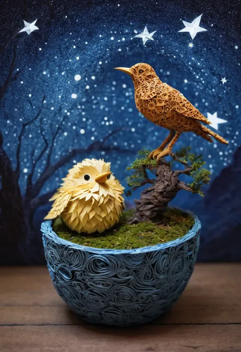 a newborn bird, the bird is abnormally fat and the nest is located in a bonsai, the nest breaks due to the weight of the chick and the chick falls, in a pot, surreal, funny, comic, starry sky, zentangle, origami, cinematic, emotional, epic, vincent van gog...