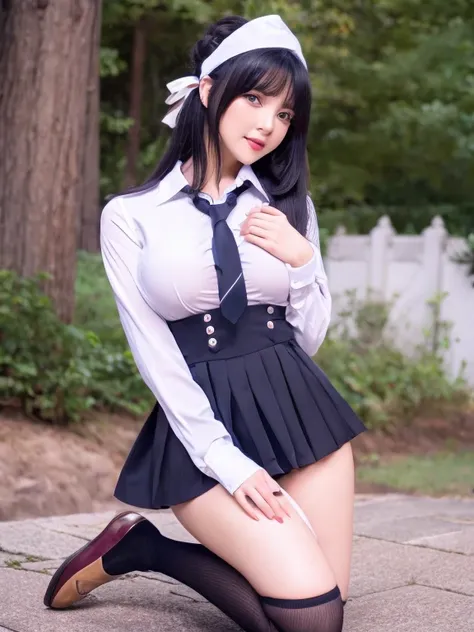 ((masterpiece)), (realistic: 1.2) masterpiece, 最high quality, high quality，white skin, 最high quality, ultra detail,Mature，beautiful, black hair， long hair， With bangs，school uniform，big breasts ，knee socks，10th generation，Bewitching，foot，full body pose, ve...