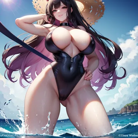 Beautiful woman, gigantic breasts, tiny waist, hard nipples, sexy, erotic smile, slightly blushing, stretching , wearing a black one piece swim suit, purple curly hair, walking down a pier towards the beach, ocean in the background 