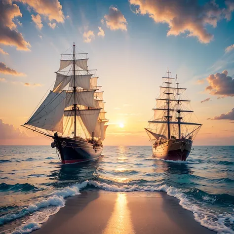 A narrow view of the sea in the evening with the setting sun and a sailing ship.