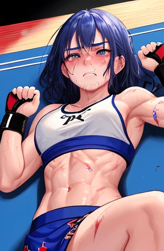 Beautiful girl idol mixed martial artist competing in a martial arts ring。Sweat。muscle。six pack。naked。lying on one&#39;s back。painful。scratch。Bruise。Losing。fatigue。mouth breathing。Depressed expression。