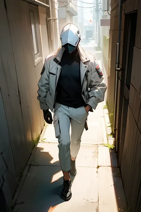 The man wore a white mask that did not show his face.. He is wearing a white field jacket and white cargo pants over a black t-shirt.. And I&#39;m walking down a dark alley in the afternoon with my hands in my pockets.