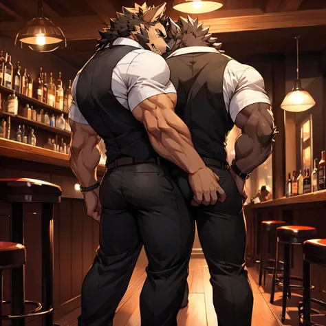 Sexy and muscular werewolf alone reloaded from the bar, from behind showing his butt with tight dress pants, con camisa y con tatuajes que abarquen toda la espalda, 