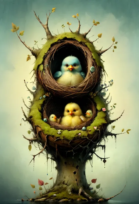 bird Nest, bird mother, chicks, inspired by Alexander Jansson, best quality, masterpiece, 8k