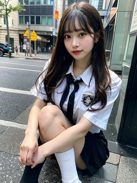 ((masterpiece)), (realistic: 1.2) masterpiece, 最high quality, high quality，white skin, 最high quality, ultra detail,Mature，beautiful, black hair， long hair， With bangs，school uniform，big breasts ，knee socks，10th generation，Bewitching，foot，full body pose, ve...