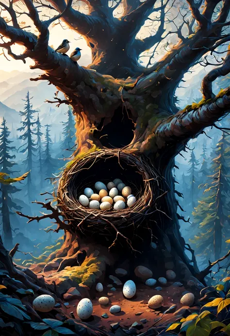 Deep in the mountains and forests.What bird&#39;s eggs are in the nest?.(best quality, 4K, high resolution, masterpiece:1.2), Super detailed,Surreal