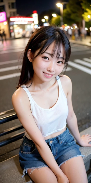 1 girl, tokyo street, night, cityscape, city lights, Upper body, close, smile, (8K, RAW photo, highest quality, masterpiece: 1.2), (genuine, photogenuine: 1.37), sitting on a park bench Look at me and smile, There are many trees nearby, There is also a fou...