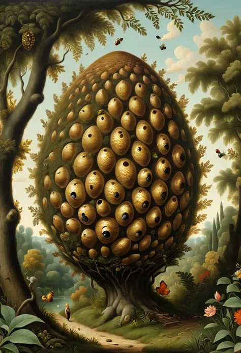 honeycomb, beehive, nest, inspired by Henri Julien Félix Rousseau, best quality, masterpiece, 8k