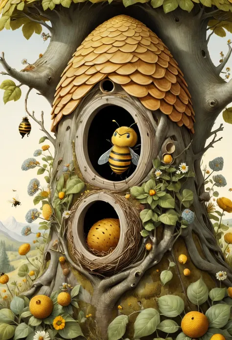 honeycomb, beehive, nest, inspired by Elsa Beskow, best quality, masterpiece, 8k