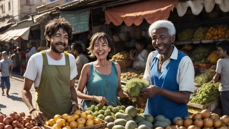 lora and here man speaking happily with the people in the market behind them someone selling vegetables