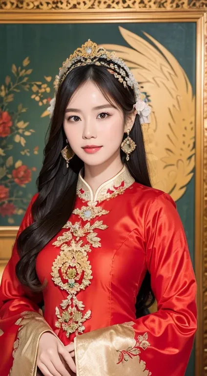 (a 20 yo woman, in the palace), (A hyper-realistic), (high-level image quality), ((beautiful hairstyle 46)), ((long-hair:1.46)), (kindly smile), (breasted:1.1), (lipsticks), (is red (ao dai vietnam)), (murky, wide,Luxurious room), (florals), (an oil painti...