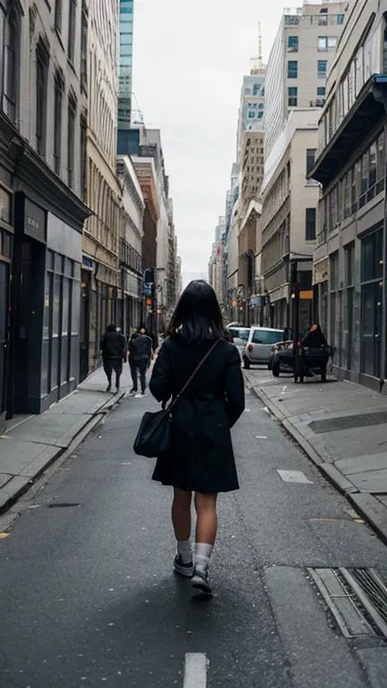 a girl  walking on the street behind here huge buildings