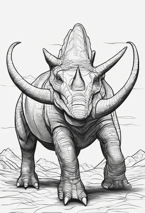 corrected hands No Colors just Line art Black and white una feroz batalla entre un triceratops, coloring book friendly No Colors just Line art Black and white 