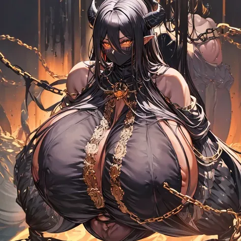 Best quality, 1 demon girl, (Pure black skin:1.5), black horns, glowing orange eyes, wearing black brassiere, (chains:1.2), (mature:1.2), (huge breasts:1.9), Muscular, simple background, grey background