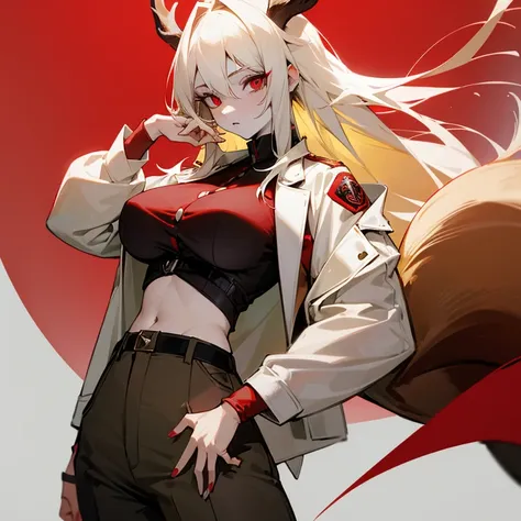 Tall blonde girl with white skin,, red circles under the eyes ,  red eyes, from a deer&#39;s horn, red tail deer, daemon , big breasts , shirt, fitted jacket , trousers, when 