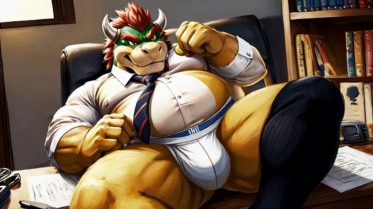 Bowser, daddy, fat , big belly, seductor, mirando al espectador, smirk, (white jockstrap:1.3), (white shirt, tie, black socks:1.3) , solo , chubby, fat, , frontal view, full body, office, bulge , Spread legs