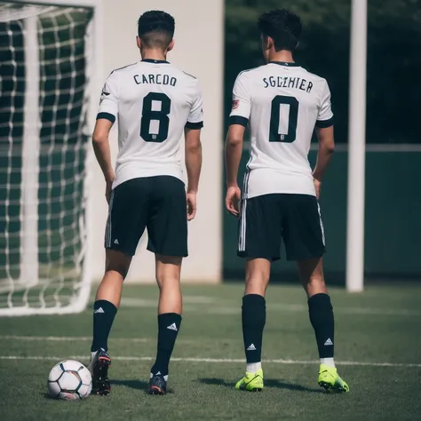 A soccer player turns his back, revealing the number 5 emblazoned on his jerseys backside. (Realistic lighting, best quality, 8k, masterpiece: 1.3), sharp focus: 1.2, 1 athlete, Soccer Player with Number Five on Back: 1.4, Brown Hair, Athletic Build, Short...