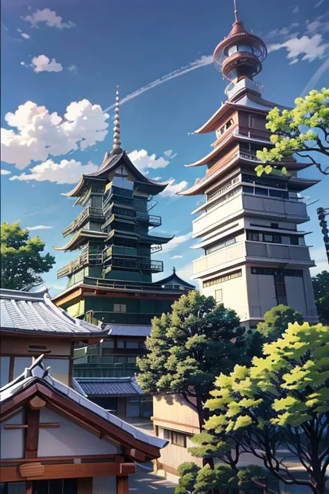 Close-up of buildings and trees against sky background, in style of kyoto animation, Japanese cartoons scene, Inspired by Taketoshi Matsumura, Monokubo, beautiful Japanese cartoons scenes, style of madhouse studio Japanese cartoons, Anime screenshots, anim...