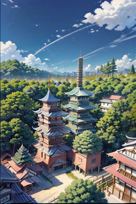 Close-up of buildings and trees against sky background, in style of kyoto animation, Japanese cartoons scene, Inspired by Taketoshi Matsumura, Monokubo, beautiful Japanese cartoons scenes, style of madhouse studio Japanese cartoons, Anime screenshots, anim...