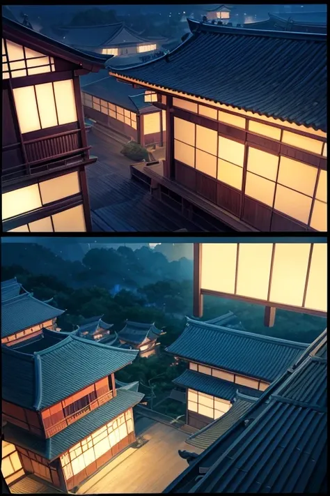 Close-up of building with illuminated windows at night, in style of kyoto animation, Japanese cartoons scene, beautiful Japanese cartoons scenes, Inspired by Taketoshi Matsumura, Japanese style houses, Japanese cartoons beautiful peace scene, ( ( ( Japanes...