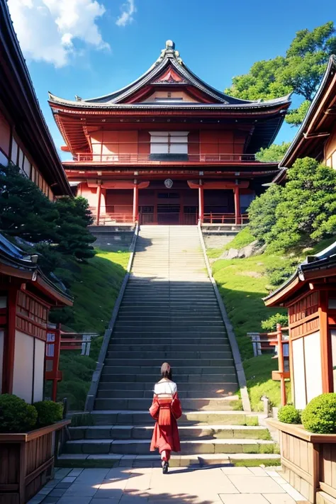 (best quality,4k,8k,highres,masterpiece:1.2),ultra-detailed,(realistic,photorealistic,photo-realistic:1.37),a group of people walking along the street next to the building, anime scenery, Natsume Yuujinchou anime movie scene, in front of a temple, Tokyo an...