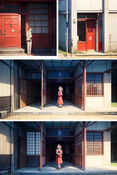 Two people standing in front of a red building, anime scene, Todays featured anime stills, Still from TV animation, sankakucomplex anime image, animation still frame, kyoto animation still, Official animation stills, animation still frame, screenshot of an...