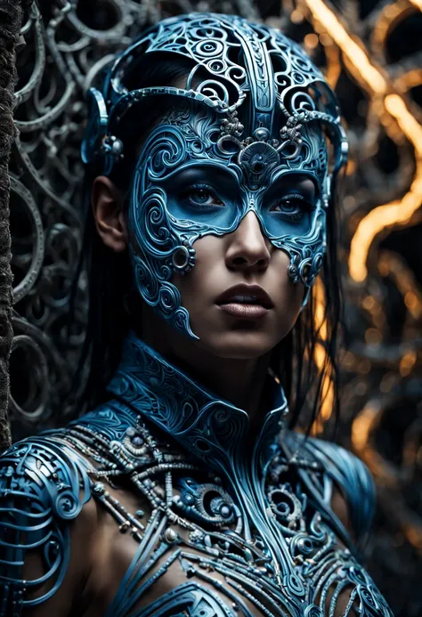 Full body portrait of a bioengineered adorned in soil carving ornament within a cybernetic maze, features detailed face, sharp eyes, soft skin, inspired by Aaron Horkey and Adonna Khare, captured through the lens of fashion photography, enhanced by cinemat...