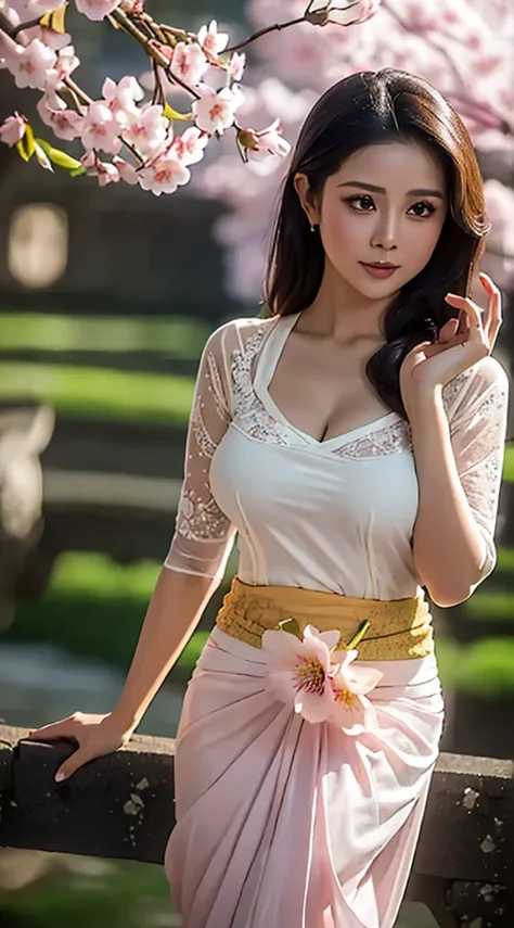 (((A Balinese sexy Girl holding a bouquet of pink cherry blossoms))),(8k, RAW photo, best quality, work:1.3), (realistic, photo-realistic:1.37),1girl,cute,city view,night,rain,wet,professional lighting,photon mapping , radiosity, Physically based rendering...